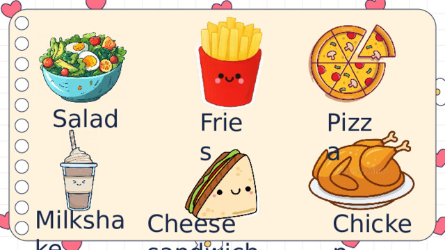 Salad Pizza Fries Milkshake Cheese sandwich Chicken 