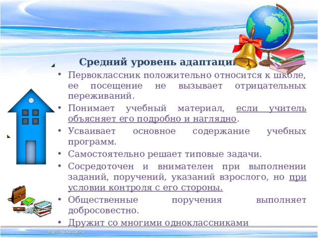    Средний уровень адаптации Первоклассник положительно относится к школе, ее посещение не вызывает отрицательных переживаний. Понимает учебный материал, если учитель объясняет его подробно и наглядно . Усваивает основное содержание учебных программ. Самостоятельно решает типовые задачи. Сосредоточен и внимателен при выполнении заданий, поручений, указаний взрослого, но при условии контроля с его стороны. Общественные поручения выполняет добросовестно. Дружит со многими одноклассниками 