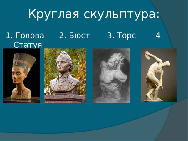 Круглая скульптура: 1. Голова 2. Бюст 3. Торс 4. Статуя 