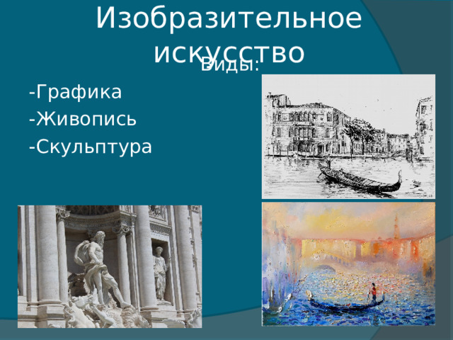 Изобразительное искусство Виды: -Графика -Живопись -Скульптура 