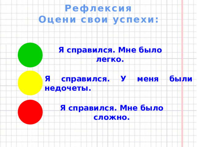 Рефлексия  Оцени свои успехи: Я справился. Мне было легко. Я справился. У меня были недочеты. Я справился. Мне было сложно.  