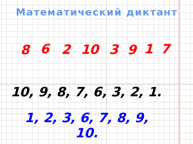 Математический диктант 6 7 1 2 10 3 9 8 10, 9, 8, 7, 6, 3, 2, 1. 1, 2, 3, 6, 7, 8, 9, 10.  