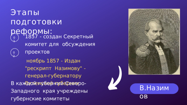 Этапы  подготовки  реформы: 1857  -  создан  Секретный  комитет  для  обсуждения  проектов ноябрь  1857  -  Издан  