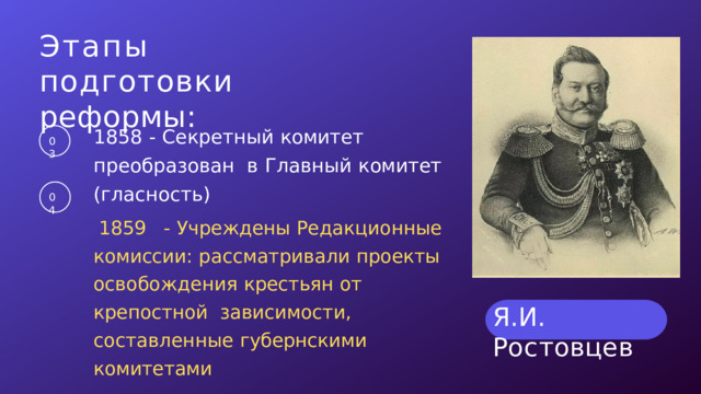 Этапы  подготовки  реформы: 1858  -  Секретный  комитет  преобразован  в  Главный  комитет  (гласность) 1859  -  Учреждены  Редакционные  комиссии:  рассматривали  проекты  освобождения  крестьян  от  крепостной  зависимости,  составленные  губернскими  комитетами 0 3 0 4 Я . И .  Р о с т о в ц е в 