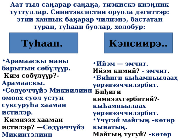 Аат тыл саӊарар саӊаӄа, тиэкискэ киэӊник туттуллар. Сиинтэксистии оруола дэгиттэр: этии ханнык баӄарар чилиэнэ, бастатан туран, туһаан буолар, холобур: Туһаан. Кэпсиирэ.. Арамааскы маны барытын сөбүлүүр.  Ким сөбүлүүр?- Арамааскы. Сөдүөччүйэ Микиилиин омоох суол устун суксуруһа хааман истилэр.  Кимнээх хааман истилэр? — Сөдүөччүйэ Микиитэлиин Ийэм — эмчит. Ийэм кимий? - эмчит . Биһиги кыћамньылааҳ үөрэнээччилэрбит.  Биђиги кимнээхтэрбитий?- кыћамньылаах үөрэнээччилэрбит. Үчүгэй майгыӊ –көтөр кынатыӊ. Майгыӊ тугуй? -көтөр кынатыӊ 