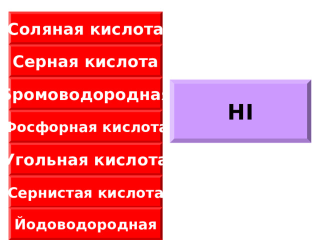 Соляная кислота Серная кислота Бромоводородная HI Фосфорная кислота Угольная кислота Сернистая кислота Йодоводородная 