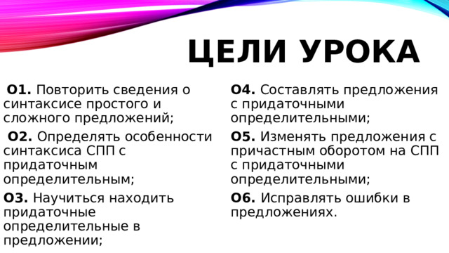ЦЕЛИ УРОКА  О1. Повторить сведения о синтаксисе простого и сложного предложений; О4. Составлять предложения с придаточными определительными;  О2. Определять особенности синтаксиса СПП с придаточным определительным; О5. Изменять предложения с причастным оборотом на СПП с придаточными определительными; О3. Научиться находить придаточные определительные в предложении; О6. Исправлять ошибки в предложениях. 