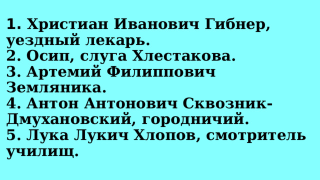 1. Христиан Иванович Гибнер, уездный лекарь.  2. Осип, слуга Хлестакова.  3. Артемий Филиппович Земляника.  4. Антон Антонович Сквозник-Дмухановский, городничий.  5. Лука Лукич Хлопов, смотритель училищ. 