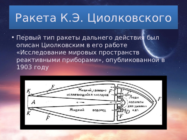 Ракета К.Э. Циолковского Первый тип ракеты дальнего действия был описан Циолковским в его работе «Исследование мировых пространств реактивными приборами», опубликованной в 1903 году 