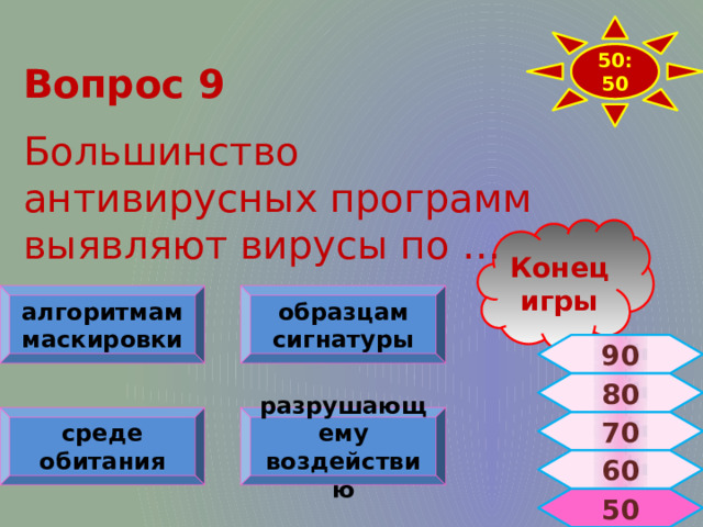 50:50 Вопрос 9  Большинство антивирусных программ выявляют вирусы по … Конец игры алгоритмам маскировки образцам сигнатуры 90 80 среде обитания разрушающему воздействию 70 60  50 