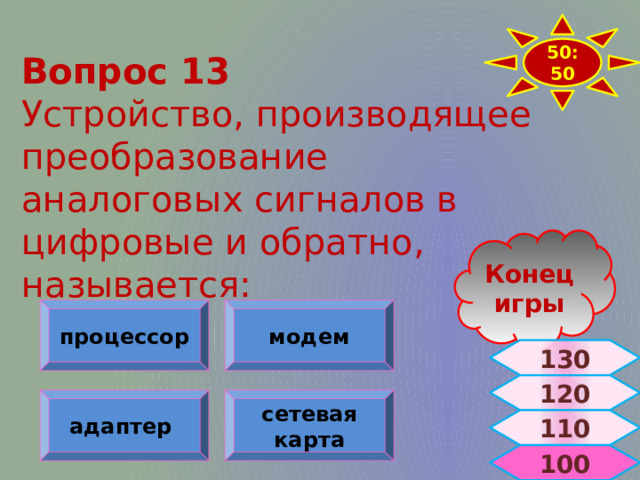 50:50 Вопрос 13 Устройство, производящее преобразование аналоговых сигналов в цифровые и обратно, называется: Конец игры процессор модем 130 120 адаптер сетевая карта 110  100 