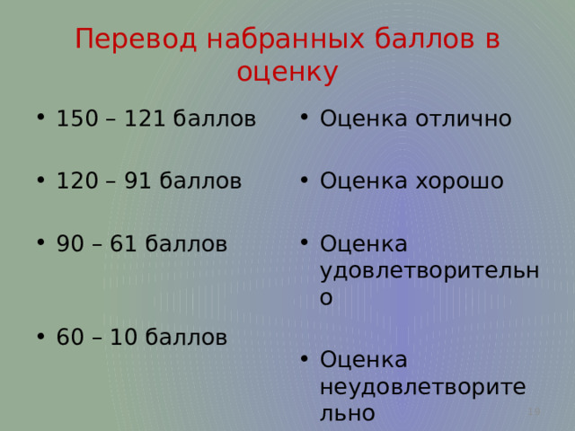 Перевод набранных баллов в оценку 150 – 121 баллов Оценка отлично 120 – 91 баллов Оценка хорошо 90 – 61 баллов Оценка удовлетворительно Оценка неудовлетворительно 60 – 10 баллов  