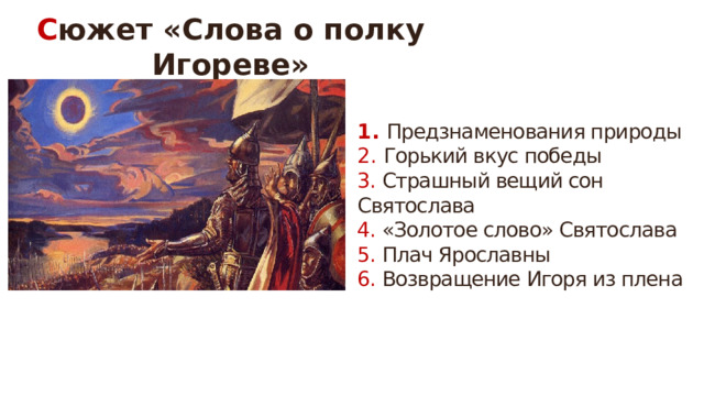 С южет «Слова о полку Игореве»  Предзнаменования природы   Горький вкус победы 3. Страшный вещий сон Святослава 4. «Золотое слово» Святослава 5. Плач Ярославны 6. Возвращение Игоря из плена 