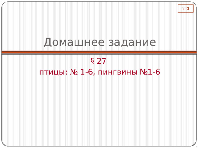 Домашнее задание § 27 птицы: № 1-6, пингвины №1-6 «Выбор пингвина»  