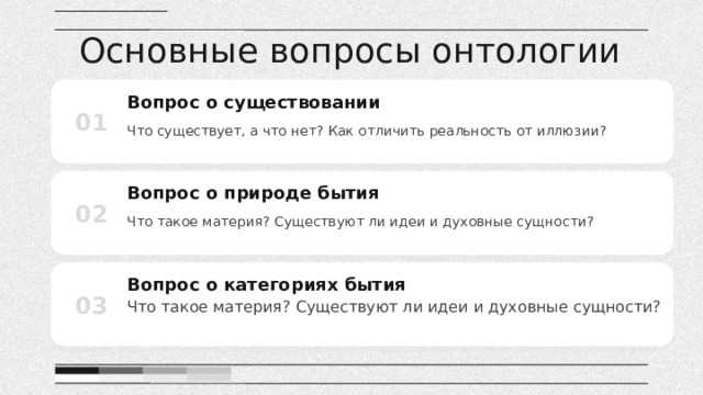 Основные вопросы онтологии Вопрос о существовании 01 Что существует, а что нет? Как отличить реальность от иллюзии? Вопрос о природе бытия 02 Что такое материя? Существуют ли идеи и духовные сущности? Вопрос о категориях бытия 03 Что такое материя? Существуют ли идеи и духовные сущности? 