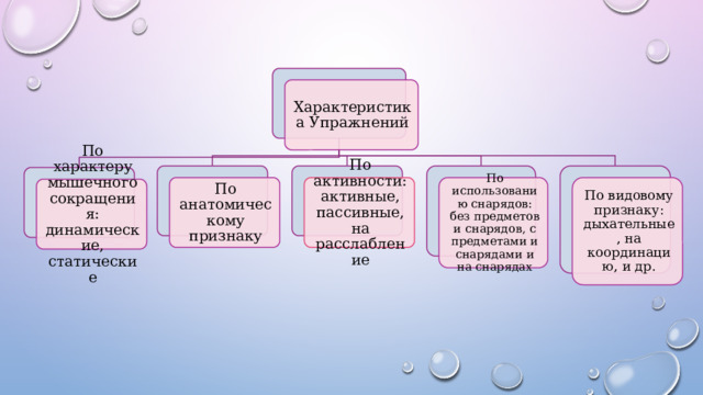 Характеристика Упражнений По использованию снарядов: без предметов и снарядов, с предметами и снарядами и на снарядах По видовому признаку: дыхательные, на координацию, и др. По активности: активные, пассивные, на расслабление По анатомическому признаку По характеру мышечного сокращения: динамические, статические 