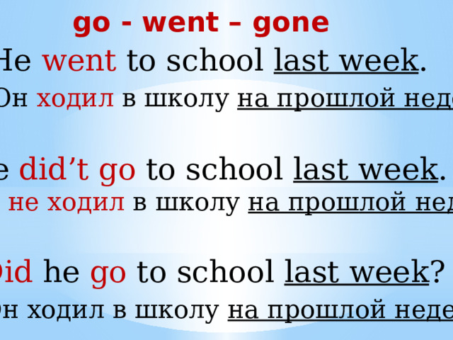 go - went – gone + He went to school last week .  (Он ходил в школу на прошлой неделе .) - He did’t  go to school last week . (Он не ходил в школу на прошлой неделе . ?  Did he go to school last week ?  (Он ходил в школу на прошлой неделе ?) 