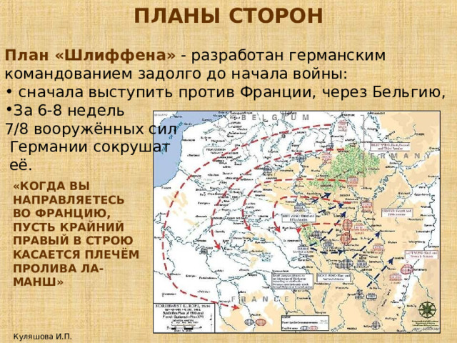 ПЛАНЫ СТОРОН План «Шлиффена» - разработан германским командованием задолго до начала войны:  сначала выступить против Франции, через Бельгию, За 6-8 недель 7/8 вооружённых сил  Германии сокрушат  её. «КОГДА ВЫ НАПРАВЛЯЕТЕСЬ ВО ФРАНЦИЮ, ПУСТЬ КРАЙНИЙ ПРАВЫЙ В СТРОЮ КАСАЕТСЯ ПЛЕЧЁМ ПРОЛИВА ЛА-МАНШ» Куляшова И.П. 