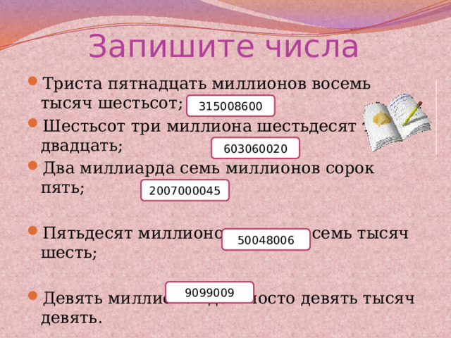 Запишите числа Триста пятнадцать миллионов восемь тысяч шестьсот; Шестьсот три миллиона шестьдесят тысяч двадцать; Два миллиарда семь миллионов сорок пять; Пятьдесят миллионов сорок восемь тысяч шесть; Девять миллионов девяносто девять тысяч девять. 315008600 603060020 2007000045 50048006 9099009 
