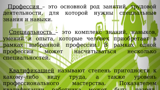 Профессия – это основной род занятий, трудовой деятельности, для которой нужны специальные знания и навыки.  Специальность – это комплекс знаний, навыков, умений и опыта, которые человек приобретает в рамках выбранной профессии. В рамках одной профессии может насчитываться несколько специальностей.  Квалификацией называют степень пригодности к какому-либо виду труда, а также уровень профессионального мастерства. Показателем квалификации работника может быть разряд, категория, диплом, наличие звания или ученой степени. 