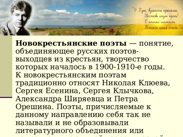 Новокрестьянские поэты — понятие, объединяющее русских поэтов-выходцев из крестьян, творчество которых началось в 1900-1910-е годы. К новокрестьянским поэтам традиционно относят Николая Клюева, Сергея Есенина, Сергея Клычкова, Александра Ширяевца и Петра Орешина. Поэты, причисляемые к данному направлению себя так не называли и не образовывали литературного объединения или направления с единой теоретической платформой. 