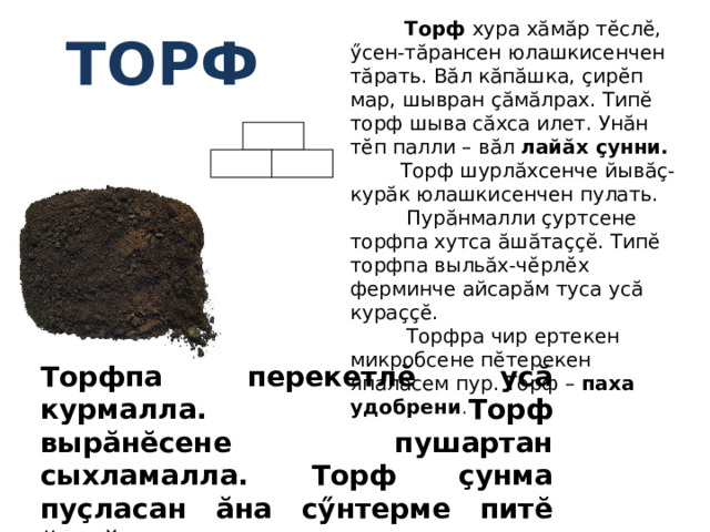  Торф хура хăмăр тĕслĕ, ӳсен-тăрансен юлашкисенчен тăрать. Вăл кăпăшка, çирĕп мар, шывран çăмăлрах. Типĕ торф шыва сăхса илет. Унăн тĕп палли – вăл лайăх çунни.  Торф шурлăхсенче йывăç-курăк юлашкисенчен пулать.  Пурăнмалли çуртсене торфпа хутса ăшăтаççĕ. Типĕ торфпа выльăх-чĕрлĕх ферминче айсарăм туса усă кураççĕ.  Торфра чир ертекен микробсене пĕтерекен япаласем пур. Торф – паха удобрени . торф Торфпа перекетлĕ усă курмалла. Торф вырăнĕсене пушартан сыхламалла. Торф çунма пуçласан ăна сӳнтерме питĕ йывăр. 