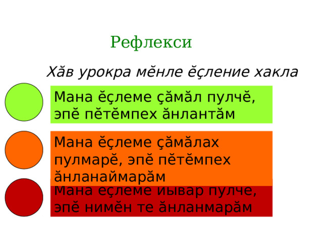 Рефлекси Хăв урокра мĕнле ĕçление хакла Мана ĕçлеме çăмăл пулчĕ, эпĕ пĕтĕмпех ăнлантăм Мана ĕçлеме çăмăлах пулмарĕ, эпĕ пĕтĕмпех ăнланаймарăм Мана ĕçлеме йывăр пулчĕ, эпĕ нимĕн те ăнланмарăм 