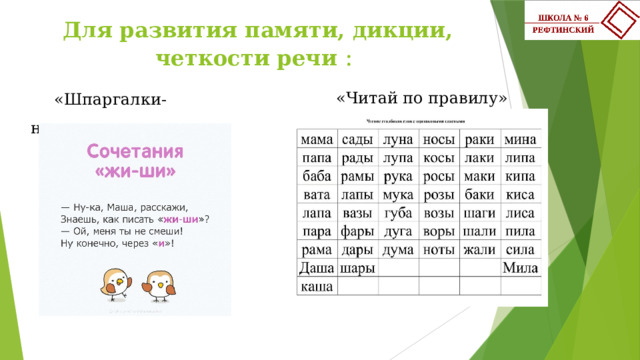 Для развития памяти, дикции, четкости речи : «Шпаргалки-напоминалки» «Читай по правилу» 