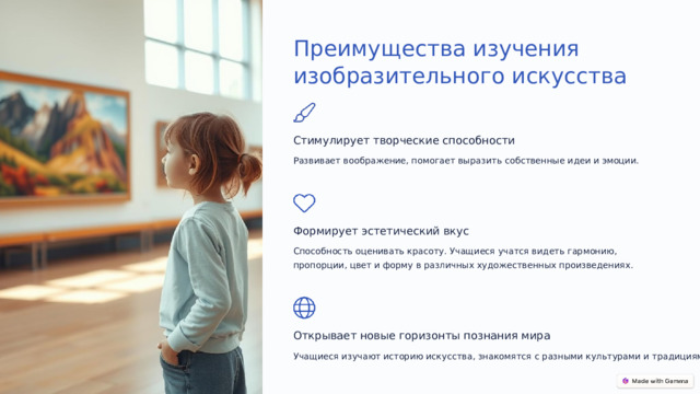 Преимущества изучения изобразительного искусства Стимулирует творческие способности Развивает воображение, помогает выразить собственные идеи и эмоции. Формирует эстетический вкус Способность оценивать красоту. Учащиеся учатся видеть гармонию, пропорции, цвет и форму в различных художественных произведениях. Открывает новые горизонты познания мира Учащиеся изучают историю искусства, знакомятся с разными культурами и традициями.  