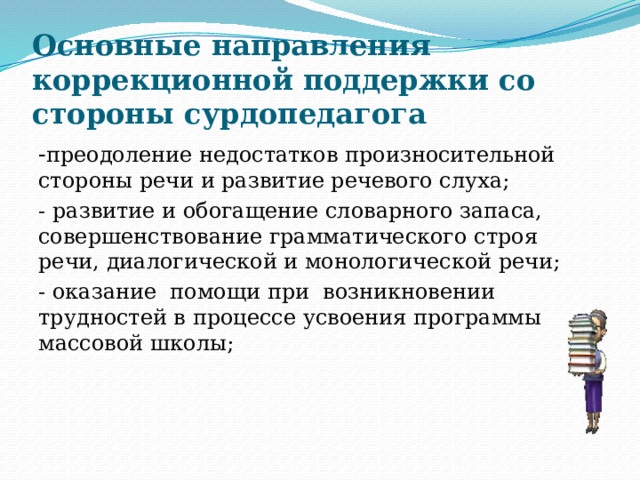 Основные направления коррекционной поддержки со стороны сурдопедагога - преодоление недостатков произносительной стороны речи и развитие речевого слуха; - развитие и обогащение словарного запаса, совершенствование грамматического строя речи, диалогической и монологической речи; - оказание помощи при возникновении трудностей в процессе усвоения программы массовой школы; 