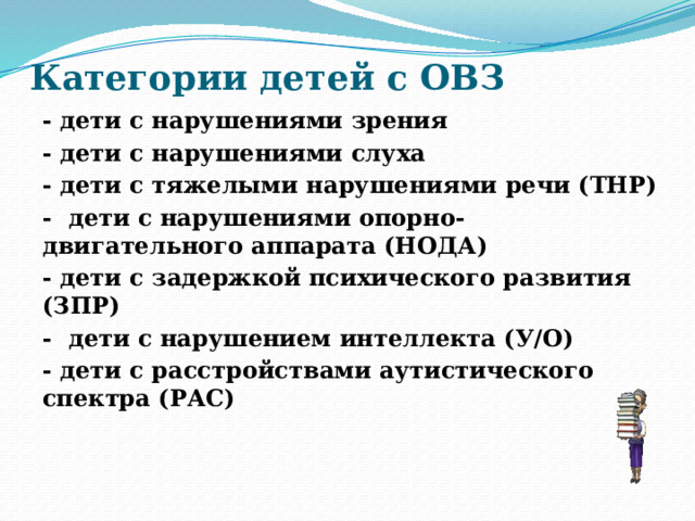 Категории детей с ОВЗ - дети с нарушениями зрения - дети с нарушениями слуха - дети с тяжелыми нарушениями речи (ТНР) - дети с нарушениями опорно-двигательного аппарата (НОДА) - дети с задержкой психического развития (ЗПР) - дети с нарушением интеллекта (У/О) - дети с расстройствами аутистического спектра (РАС) 