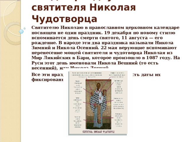 Когда празднуется память святителя Николая Чудотворца Святителю Николаю в православном церковном календаре посвящен не один праздник. 19 декабря по новому стилю вспоминается день смерти святого, 11 августа — его рождение. В народе эти два праздника называли Никола Зимний и Никола Осенний. 22 мая верующие вспоминают перенесение мощей святителя и чудотворца Николая из Мир Ликийских в Бари, которое произошло в 1087 году. На Руси этот день именовали Никола Вешний (то есть весенний), или Никола Летний. Все эти праздники не переходящие, то есть даты их фиксированы. 