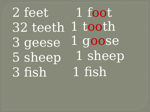 2 feet 1 f oo t 32 teeth 3 geese 5 sheep 3 fish 1 t oo th 1 g oo se 1 sheep 1 fish 