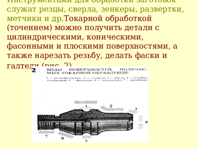 Инструментами для обработки заготовок служат резцы, сверла, зенкеры, развертки, метчики и др. Токарной обработкой (точением)  можно получить детали с цилиндрическими, коническими, фасонными и плоскими поверхностями, а также нарезать резьбу, делать фаски и галтели (рис. 2).  
