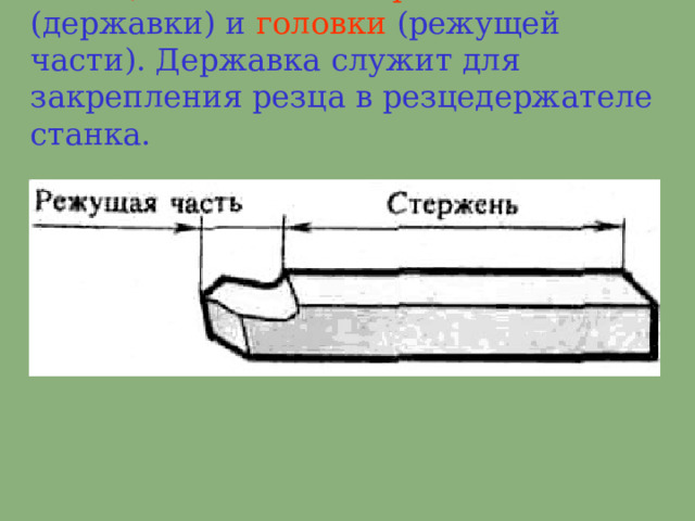 Резец состоит из стержня - (державки) и головки (режущей части). Державка служит для закрепления резца в резцедержателе станка. 