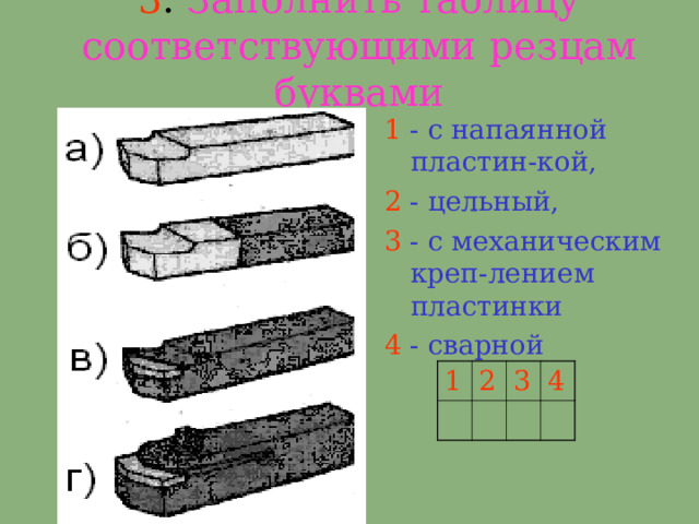 3 . Заполнить таблицу соответствующими резцам буквами 1 - с напаянной пластин-кой, 2 - цельный, 3 - с механическим креп-лением пластинки 4 - сварной 1 2 3 4 