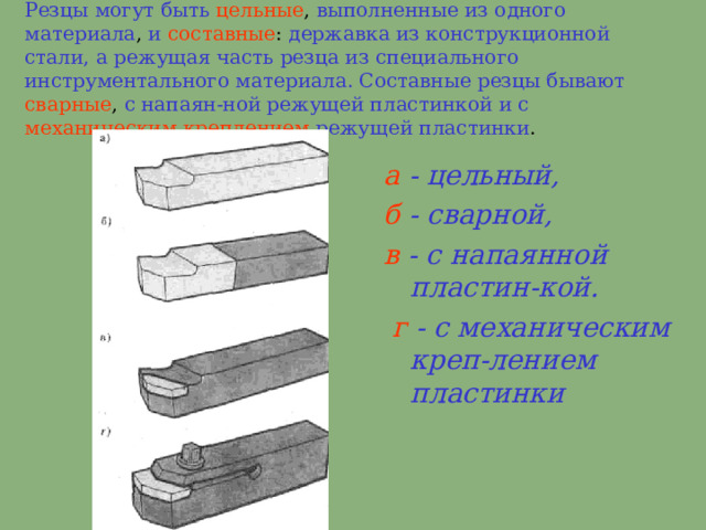 Резцы могут быть  цельные , выполненные из одного материала , и  составные : д ержавка из конструкционной стали, а режущая часть резца из специального инструментального материала. Составные резцы бывают  сварные , с напаян - ной режущей пластинкой и с  мех а ническим креплением  режущей пластинки .    а  - цельный, б  - сварной, в  - с напаянной  пластин - кой.  г  - с механическим креп - лением пластинки 
