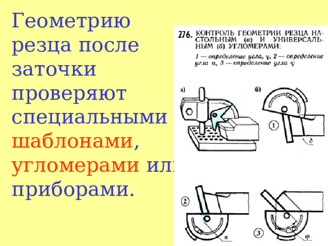 Геометрию резца после заточки проверяют специальными шаблонами , угломерами или приборами.   