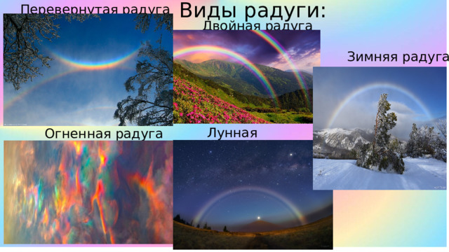 Виды радуги: Перевернутая радуга Двойная радуга Зимняя радуга Лунная радуга Огненная радуга 