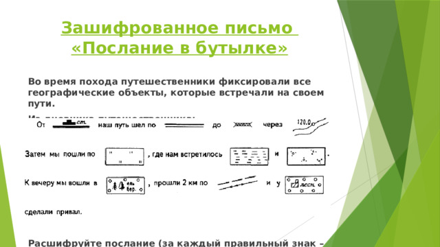 Зашифрованное письмо  «Послание в бутылке» Во время похода путешественники фиксировали все географические объекты, которые встречали на своем пути. Из дневника путешественника:        Расшифруйте послание (за каждый правильный знак – 1 балл).  