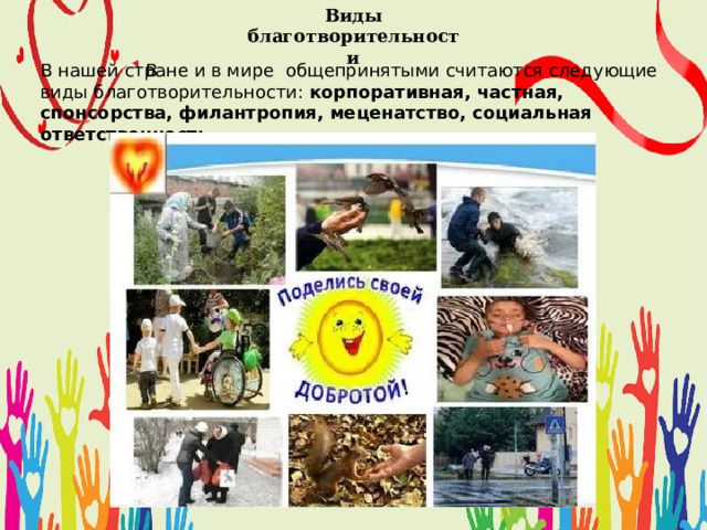 Виды благотворительности В В нашей стране и в мире общепринятыми считаются следующие виды благотворительности: корпоративная, частная, спонсорства, филантропия, меценатство, социальная ответственность. 