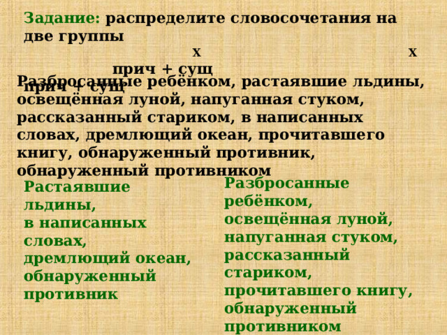 Задание: распределите словосочетания на две группы  Χ  Χ  прич + сущ прич + сущ Разбросанные ребёнком, растаявшие льдины, освещённая луной, напуганная стуком, рассказанный стариком, в написанных словах, дремлющий океан, прочитавшего книгу, обнаруженный противник, обнаруженный противником Разбросанные ребёнком, освещённая луной, напуганная стуком, рассказанный стариком, прочитавшего книгу, обнаруженный противником Растаявшие льдины, в написанных словах, дремлющий океан, обнаруженный противник 