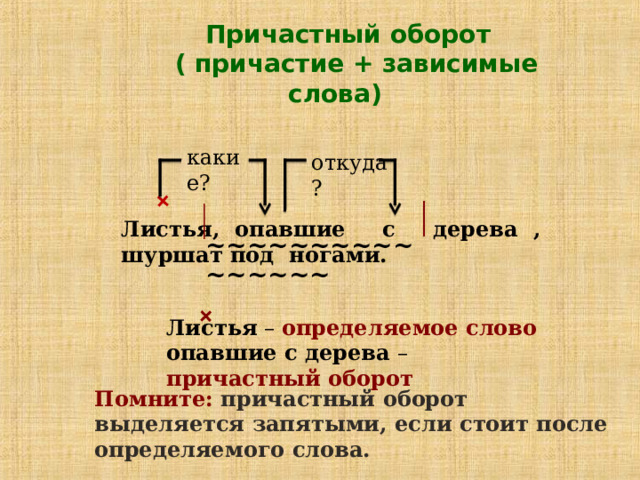 + __ __  +  Причастный оборот  ( причастие + зависимые слова)    Листья, опавшие с дерева  , шуршат под ногами. какие? откуда? ~~~~~~~~~~~~~~~~ Листья –  определяемое слово  опавшие с дерева – причастный оборот  Помните:  причастный оборот выделяется запятыми, если стоит после определяемого слова. 