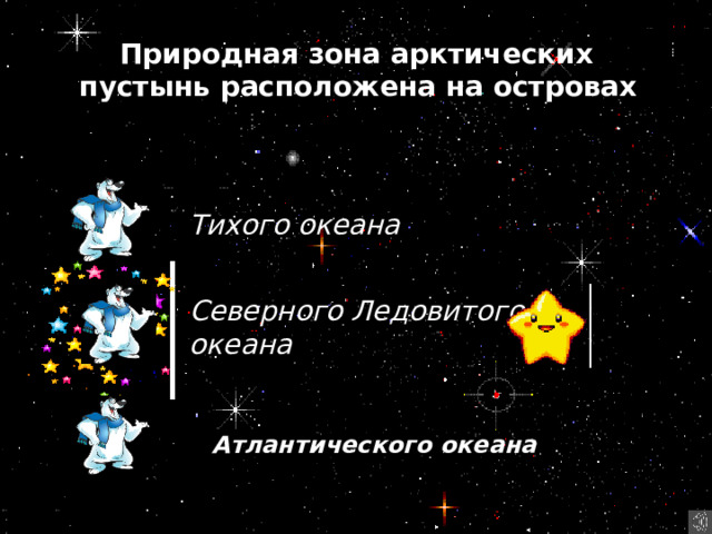 Природная зона арктических пустынь расположена на островах  Тихого океана  8 планет Северного Ледовитого океана   Атлантического океана 