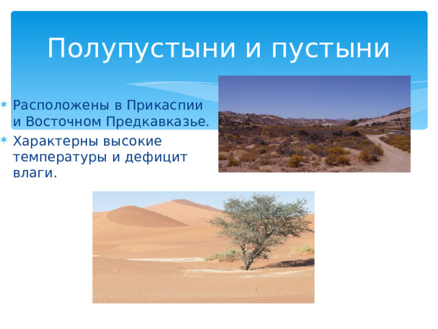 Полупустыни и пустыни Расположены в Прикаспии и Восточном Предкавказье. Характерны высокие температуры и дефицит влаги. 