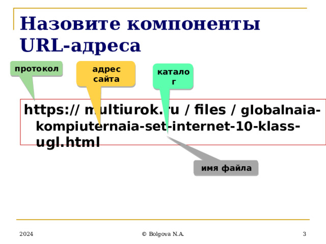 Назовите компоненты URL-адреса адрес сайта протокол каталог https:// multiurok.ru / files / globalnaia-kompiuternaia-set-internet-10-klass -ugl.html имя файла 2024  © Bolgova N.A. 