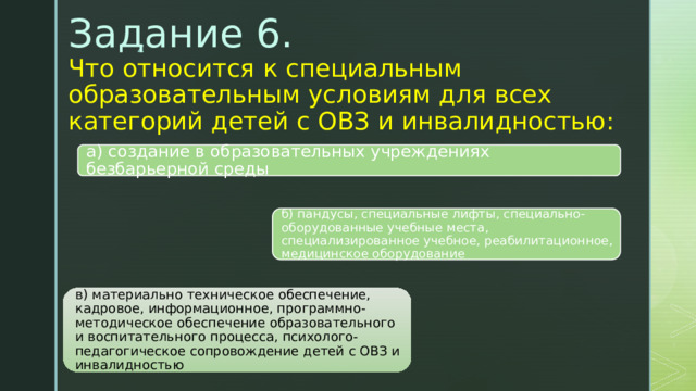 Задание 6.  Что относится к специальным образовательным условиям для всех категорий детей с ОВЗ и инвалидностью:   а) создание в образовательных учреждениях безбарьерной среды б) пандусы, специальные лифты, специально-оборудованные учебные места, специализированное учебное, реабилитационное, медицинское оборудование в) материально техническое обеспечение, кадровое, информационное, программно-методическое обеспечение образовательного и воспитательного процесса, психолого-педагогическое сопровождение детей с ОВЗ и инвалидностью 
