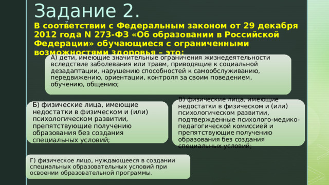 Задание 2.   В соответствии с Федеральным законом от 29 декабря 2012 года N 273-ФЗ «Об образовании в Российской Федерации» обучающиеся с ограниченными возможностями здоровья – это:     А) дети, имеющие значительные ограничения жизнедеятельности вследствие заболевания или травм, приводящие к социальной дезадаптации, нарушению способностей к самообслуживанию, передвижению, ориентации, контроля за своим поведением, обучению, общению;   В) физические лица, имеющие недостатки в физическом и (или) психологическом развитии, подтвержденные психолого-медико-педагогической комиссией и препятствующие получению образования без создания специальных условий; Б) физические лица, имеющие недостатки в физическом и (или) психологическом развитии, препятствующие получению образования без создания специальных условий; Г) физическое лицо, нуждающееся в создании специальных образовательных условий при освоении образовательной программы. 