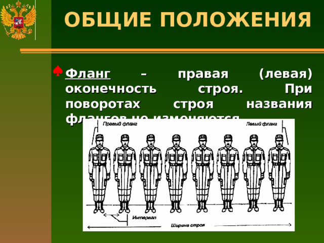 ОБЩИЕ ПОЛОЖЕНИЯ   Фланг – правая (левая) оконечность строя. При поворотах строя названия флангов не изменяются. 