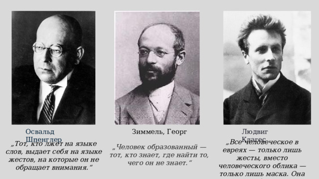 Зиммель, Георг Людвиг Клагес Освальд Шпенглер „ Все человеческое в евреях — только лишь жесты, вместо человеческого облика — только лишь маска. Она не лжёт, ибо она и есть сама ложь. “ „ Тот, кто лжет на языке слов, выдает себя на языке жестов, на которые он не обращает внимания.“  „ Человек образованный — тот, кто знает, где найти то, чего он не знает.“  